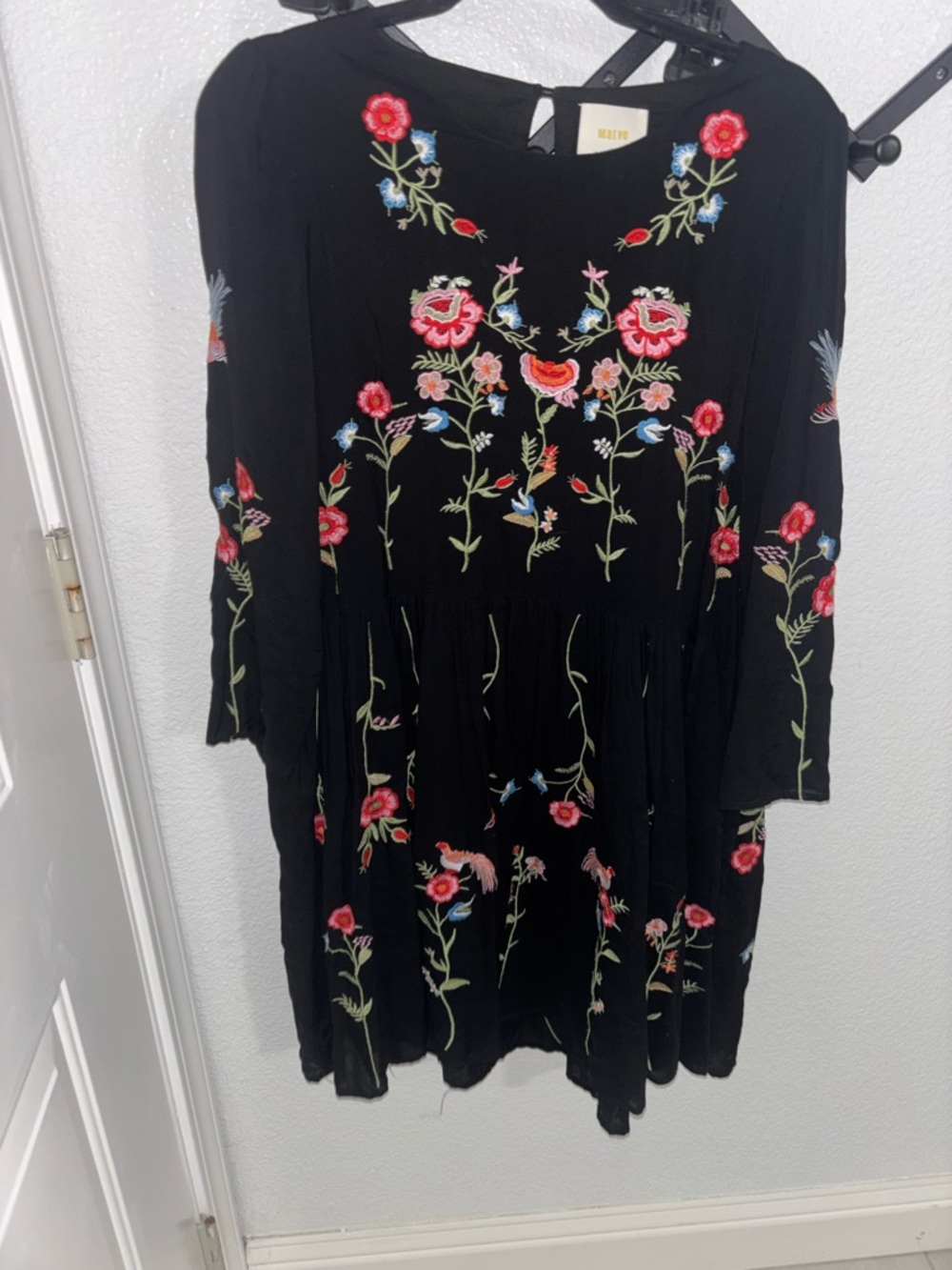 Anthropologie Maeve Allison Embroidered Bird Floral Mini Dress Black Small - Picture 4 of 7